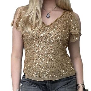 1990s Gold Sequin 100% silk boho top. Stargirl vibes.